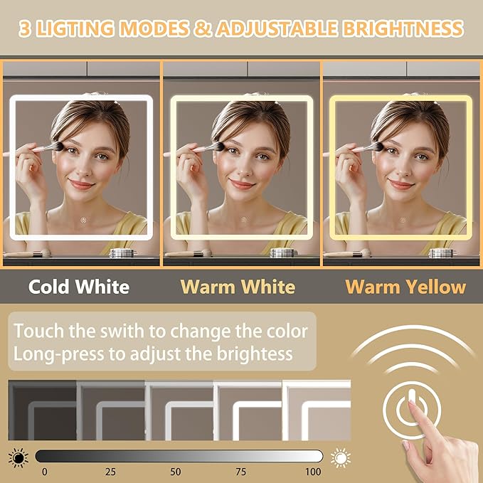 Vanity Desk with Mirror and Lights, White Makeup Vanity with Glass Top & Drawers, 3 Lighting Modes, Power Outlet, RGB Glass Cabinets, Modern Dressing Table for Girls, Women, Teens