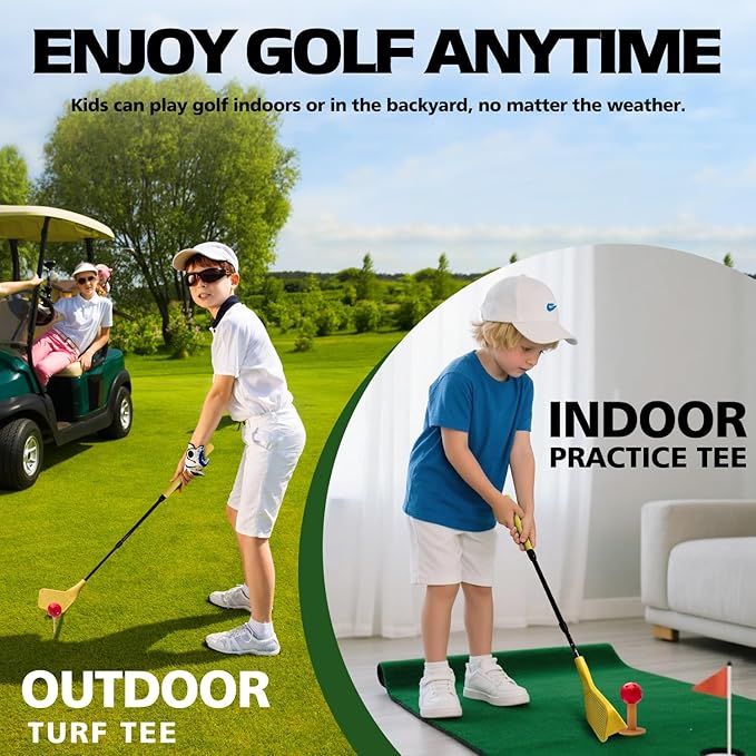 Kids Golf Club Set, Adjustable Backyard Outdoor Indoor Golf Clubs with Oversized Club Heads for Kids, Juniors, and Family Play Golf Game in Grass, Parks, Yards (Yellow)