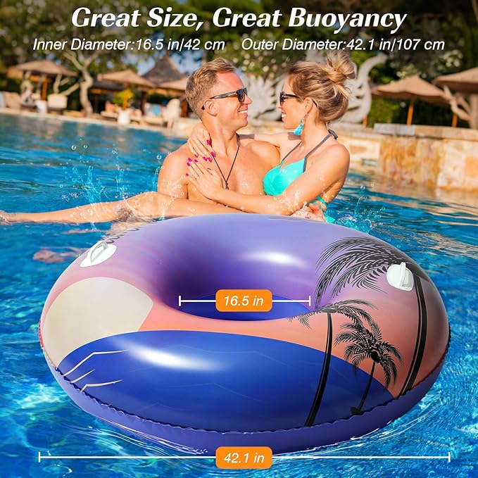 HeySplash Pool Tubes for Adult, 42 Inch Large Pool Floats with Handles, Inflatable Swim Rings Lounge, Hawaii Fun Swim Floaties Swimming Pool Beach Lake River Party Decoration Toys, Purple Sunset