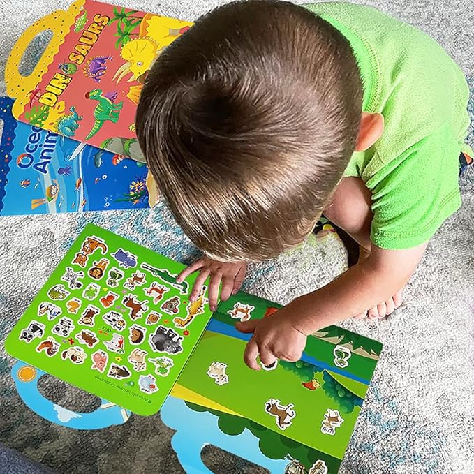 Reusable Sticker Books for Kids, 3 Sets Travel Removable Toddler Sticker Books for 3 4 5 Year Old Girls Boys Birthday Gifts Educational Learning Toys for Age 3-5 - Ocean & Zoo Animals, Dinosaur