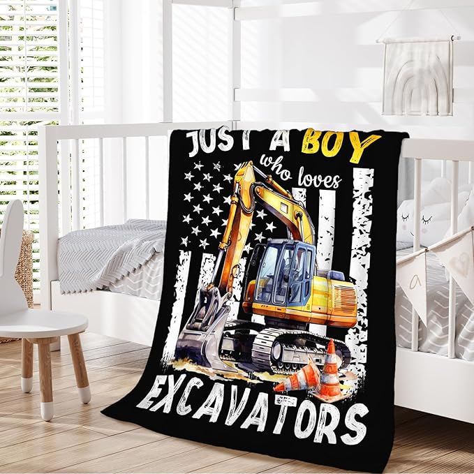 Excavator Gifts for Boys, Cute Car Throw Blanket for Kids Teens Construction Truck Lovers, 40x50 Inches Just A Boy Who Loves Excavators Blankets for Sofa Couch Travel