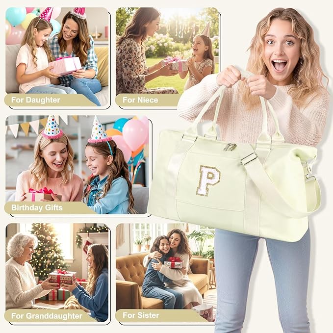 Dance Gym Duffel Bag for Teen Girls, Personalized Initial Travel Weekender Bag,Cute Overnight Carry On Duffle for Women,Sports Travel Cheer Bag,Monogram Christmas Gifts for Tween Preppy(beige-P)