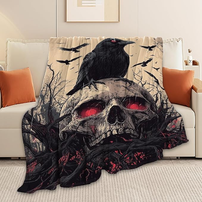 Skull Blanket Skeleton Throw Blanket Crow Gifts for Men Women Boys Girls Kids Adults Super Soft Cozy Plush Fluffy Fuzzy Fleece Blanket Decor 40''X50''