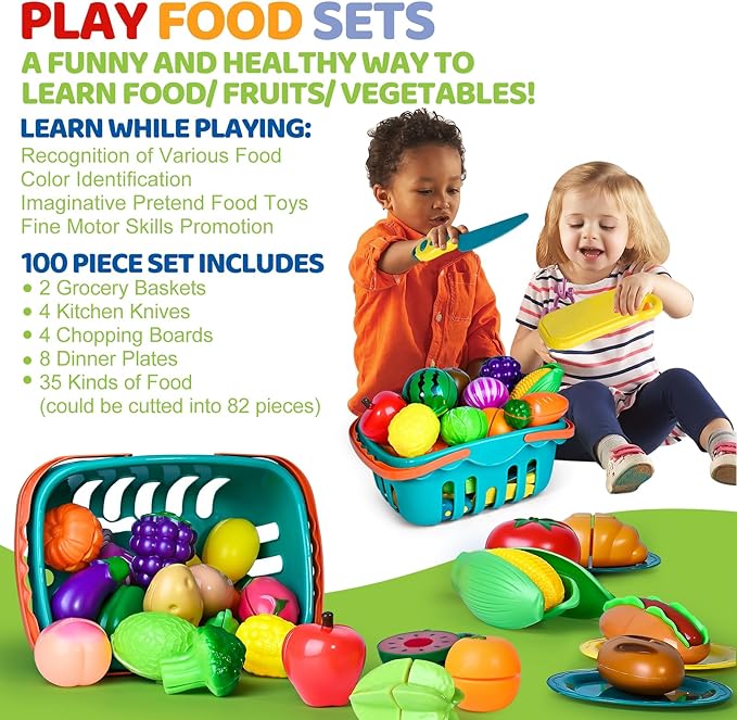 100 PCS Cutting Play Food Toy for Kids Kitchen, Pretend Food Toys for Toddlers, Play Kitchen Toys Accessories with 2 Baskets, Fake Food/Fruit/Vegetable, Birthday Gifts for 3 4 5 Years Old Boys Girls