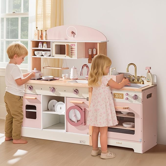 ROBUD Wooden Play Kitchen, Kids Kitchen Playset, Toy Kitchen Set with Fridge, Washing Machine, Dishwasher Toddlers Kitchen Playset Gift for Boys & Girls, Age 3+ (Pink)