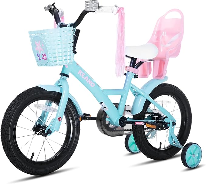 KEANO Zinnia 14 16 20 Inch Kids Bike for Girls Ages 3-10 Years, Girls' Bikes with Training Wheels, Streamers, Basket and Doll Seat, Children Bicycles