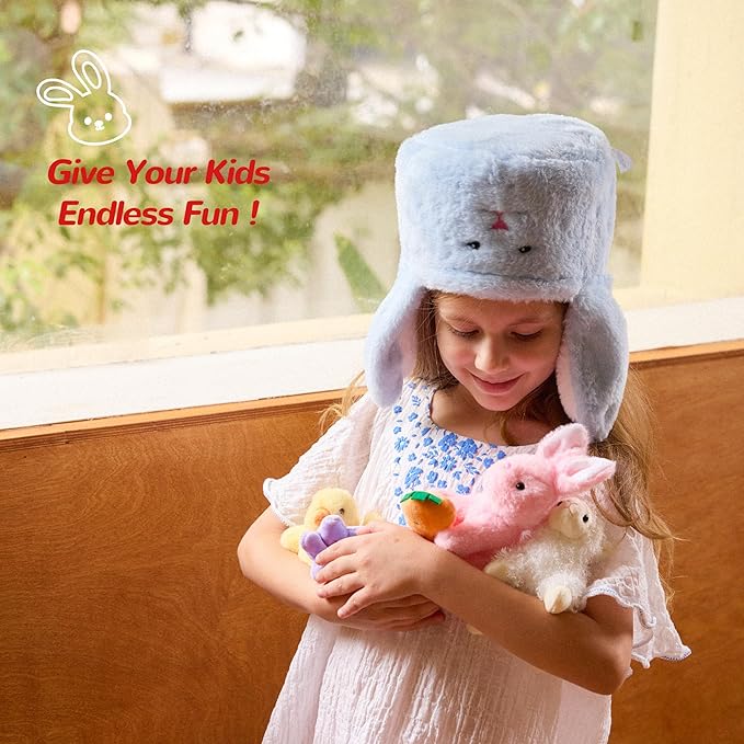 7 Piece Plush Stuffed Animals Playset Toys with Rabbit, Chick, Lamb, Carrot, Egg, Flower, Furry Bag, Soft Basket Set Toys for Girls Kids Ages 3+, Birthday Christmas Valentines Easter Party Favors