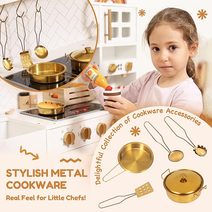 Interactive Wooden Play Kitchen Set for Kids Realistic Features with Extended Storage and 15 Kitchen Accessories, Ideal Pretend Playset Gift for Toddlers and Children Ages 3+