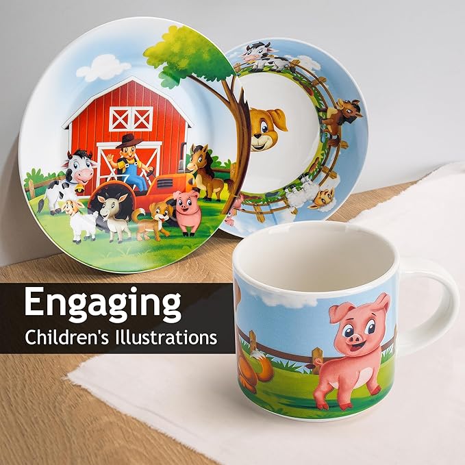 MIAMIO – Set of 3 Kids Dinnerware Set/Porcelain Children Dishes, Kids Dish Set, Children’s Tableware Set - Includes Plate, Bowl and Cup – For Kids and Toddler (Farm)