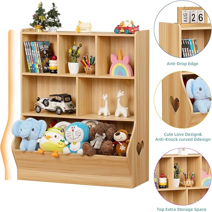 Lerliuo Kids Toy Storage Organizer, 3 Tier Children Small Bookcase and Bookshelf, Toddler 7 Cubby Toy Storage Cabinet, Toy Shelf for Playroom, Bedroom, Living Room, Nursery, School 29.53'' H (Natural)