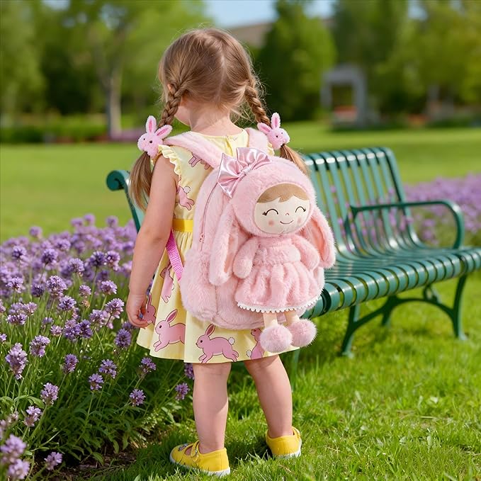 Gloveleya Toddler Backpack Plush Bag with Soft Pink Rabbit Doll Detachable Design 11inches Gift for Baby Girl 2+...