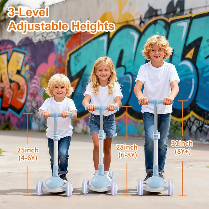 Kick Scooter Kids with LED Lighted Wheels and 3 Adjustable Height, Lean-to-Steer & Widen Anti-Slip Deck, 3 Wheel Scooter for Boys & Girls Up to 110 Lbs