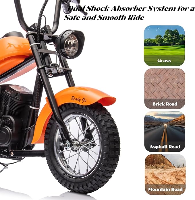 Kids Electric Motorcycle, 24V Electric Dirt Bike for Kids, 250W Motor 14MPH Fast Speed Retro Motocross, Electric Dirt Bike with LED Lights, Leather Seat, Orange