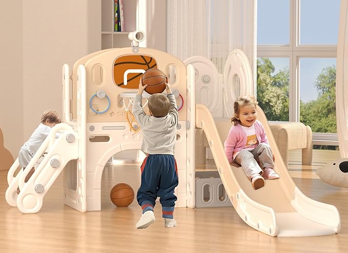 XJD 8 in 1 Toddler Slide Set, Kids Slide for Toddlers Age 1+, Toddler Climber Slide PlaySet with Basketball Hoop and Ball,Outdoor Indoor Playground for Toddlers 1-3 (Beige Coffee, 8 in 1)