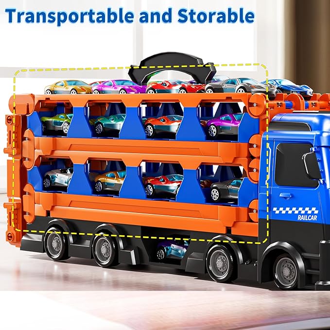 Cars Truck Set Transport Toy for Kids, Race Track Set with 12 Die-Cast Cars, Trucks Playset, 2-Tier Launching Tracks, Carrier Toy for Boys Girls Birthday Gifts for Boys Ages 1-3 2-4 3-5 4-7