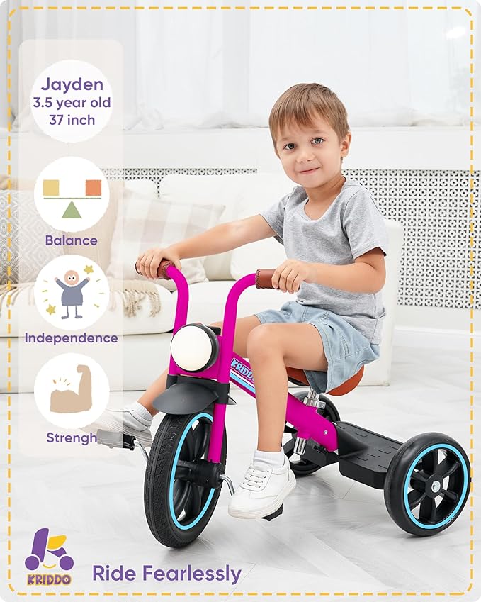 KRIDDO Kids Tricycle, 12 Inch Puncture Free Rubber Wheel w Front Light, Adjustable Seat Height, Gift for 2-5 Year Olds, Pink