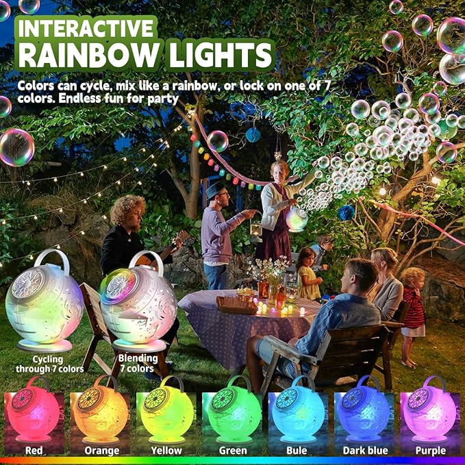 Rechargeable Bubble Machine - Bubble Maker for Kids with 90°/360° Rotation, Remote, Make Larger Bubbles, Colorful LED, Bubble Blower Outdoor Toys Gifts for Toddlers, Easter, Birthday, Party