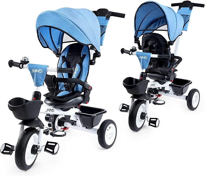 JMMD Baby Trike, 6-in-1 Kids Tricycle with Adjustable Push Handle, Removable Canopy, Safety Harness for 18 Months - 5 Year Old, Blue