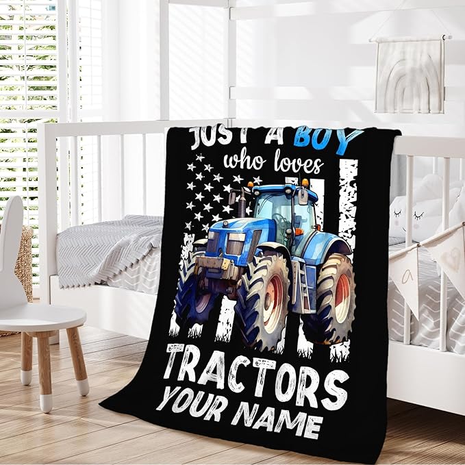 Personalized Tractor Blanket for Boys, Cute Farm Trucks Throw Blanket Gifts for Kids Truck Lovers, 30x40 Inches Custom Name Black Soft Flannel Car Blankets for Lap Couch Travel