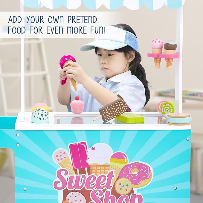 Lil’ Jumbl Wooden Sweet Treats Playset, Kids Play Pretend Dessert Stand Push Cart w/ 20+ Ice Cream Cone, Popsicle & Cupcake Accessories, Food Displays, Awning, Freezer, Storage Drawers, Clock & Menus