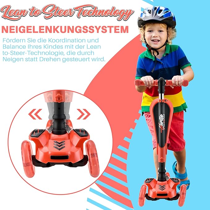 Hurtle 3-Wheeled Scooter for Kids - Wheel LED Lights, Adjustable Lean-to-Steer Handlebar, and Foldable Seat - Sit or Stand Ride with Brake for Boys and Girls Ages 1-14 Years Old