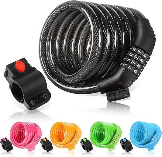 Etronic Bike Lock M6, Cable Lock 6 Feet Long Coiled Security Resettable Combo Combination Lock Bicycle Lock with Mounting Bracket