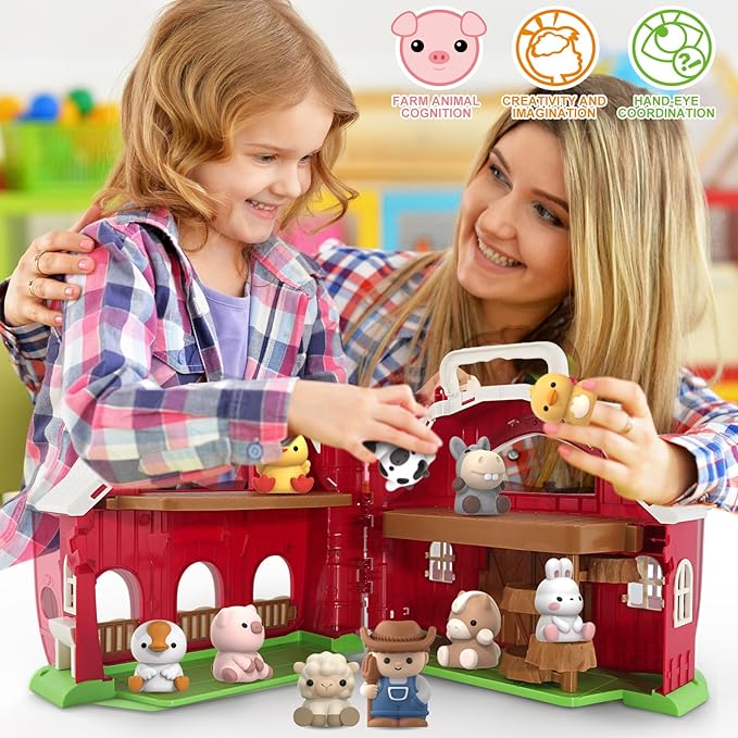 Farm Animals Big Barn Toy for 1 2 3 Year Old, Toddler Educational Montessori Toys, Farm Pretend Playset with Barn & Farmer, Christmas Birthday Easter Gift for Toddler Baby Boys Girls 1-3 Years