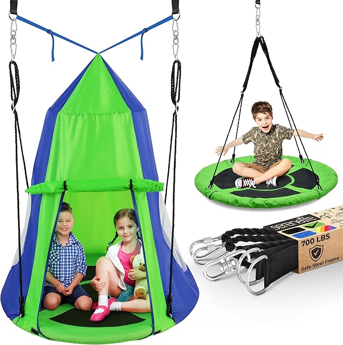 SereneLife 40" Kids Hanging Tent Swing, Outdoor Saucer Swing with Rope Straps (Green), Large
