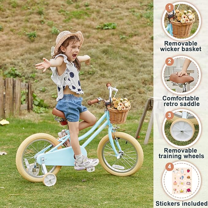 Petimini Girls Bike with Basket for 2-12 Years Old Kids, 12 14 16 18 20 Inch Bicycle with Bell Training Wheels Basket, Multiple Colors