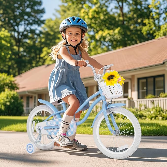 BABY JOY Kids Bike, 12 14 16 18 20 Inch Boys Girls Bike w/Adjustable Seat, Removable Basket, Handbrake & Coaster Brake, Training Wheels or Kickstand, Kids Bicycle with Multi-Color