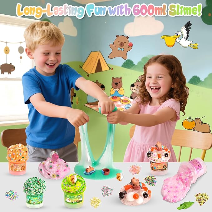 Capybara Slime Kit, 20oz Total, Slime Sensory Stress Relief Kit Includes 6 Different Texture Slimes, Glow in The Dark Slime with Cute Add-ins, ASMR, Perfect Slime Kit for Girls Ages 8-12