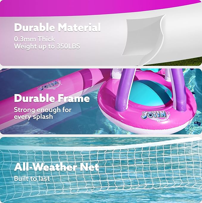 JOYIN Inflatable Pool Float Set Volleyball Net & Basketball Hoops, Floating Swimming Game Toy Floaties for Kids and Adults Volleyball Court (105”x28”x35”)|Basketball (27”x23”x27”),L-Pink Purple