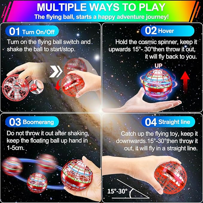 Flying Orb Ball Toy,2025 Upgrad Parachute LED,Magic Hand Controlled Mini Gravity Ball,Cosmic Globe Boomerang,Cool Thanksgiving Birthday Gift for 6 7 8 9 10+ Year Old Girls-Bright Red