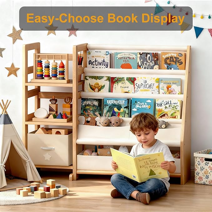 Kid Bookshelf and Toy Storage Organizer - White 3 Tier Wooden Kids Book Shelf for Kids Rooms, Toddler Bookshelf Baby Bookcase for Nursery Class Room, Play Room- Cream White