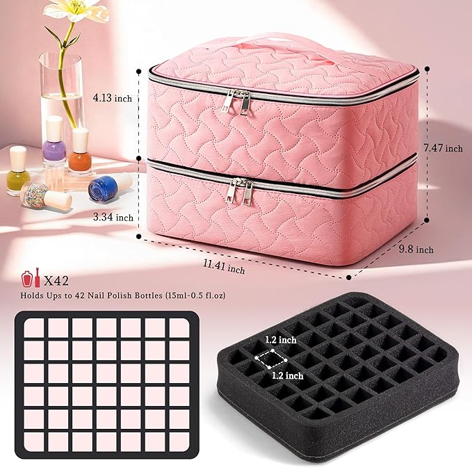 DreamGenius Nail Polish Organizer Case Holds 42 Bottles, Portable Double-Layer Nail Polish Storage Bag with Adjustable Dividers for Manicure Tools, Pink