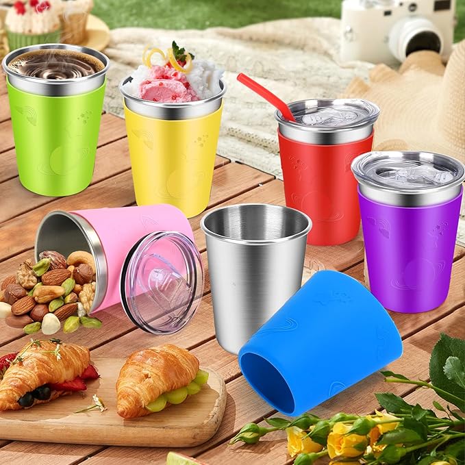 ShineMe Toddler Cups 6 pack, 12oz Stainless Steel Kids Cups Spill Proof, Unbreakable Toddler Sippy Cup With Soft Straws/Airtight Sliding Lids/Colorful Cute Silicone Sleeves, Indoor and Outdoot Use