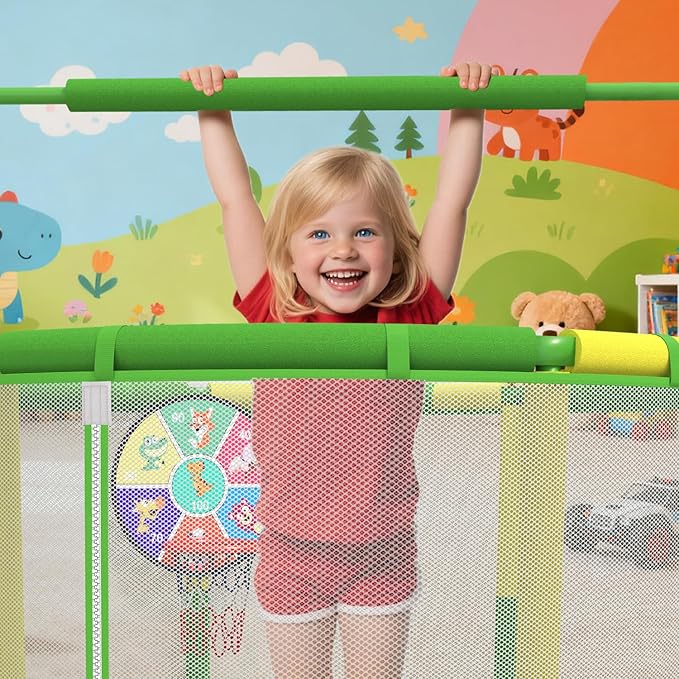 LANGXUN 60" Trampoline for Kids, 5ft Toddler Mini 6-in-1 Trampoline Indoor Outdoor with Swing, Basketball Hoop, Dart Board, Rings, Christmas Toys Birthday Gifts for Girls Boys