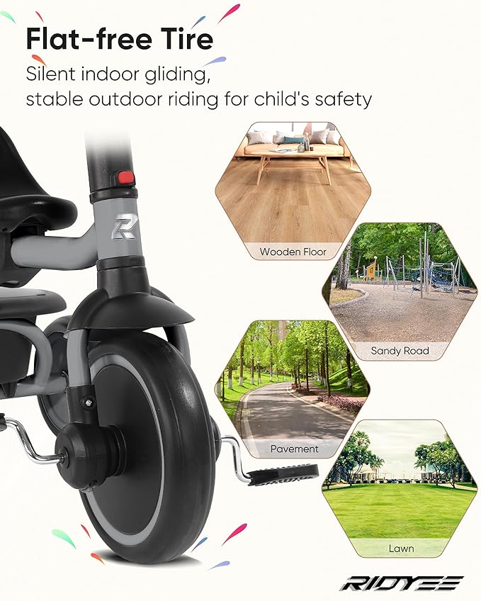 Toddler Tricycle for 18 Months to 5 Years, Foldable Tricycles for 3-5 Year Olds, Kids Tricycle with Adjustable Carry-Friendly Ergonomic Seat and Covered Large Basket, Grey