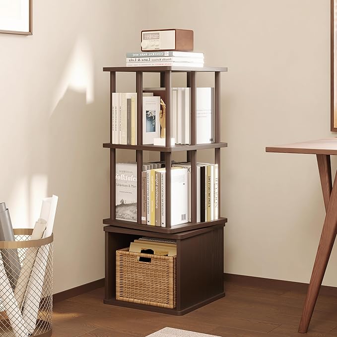 IOTXY 3-Tier Rotating Bookshelf Tower - Beech Wood Frame Spinning Bookcase with Storage Base, Compact Freestanding Revolving Shelf Organizer, Walnut
