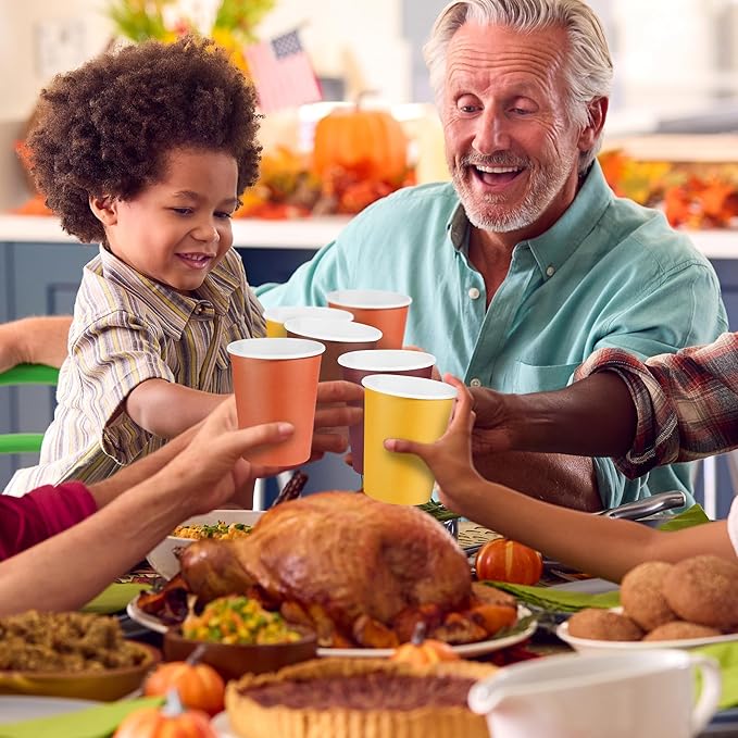 72 Pieces Thanksgiving Fall Paper Cups 9 Oz Disposable Coffee Paper Cups Autumn Party Cup Beverage Drinking Cup for Autumn Harvest, Party, DIY, and Picnic (Yellow, Orange, Brown, Dark Purple)