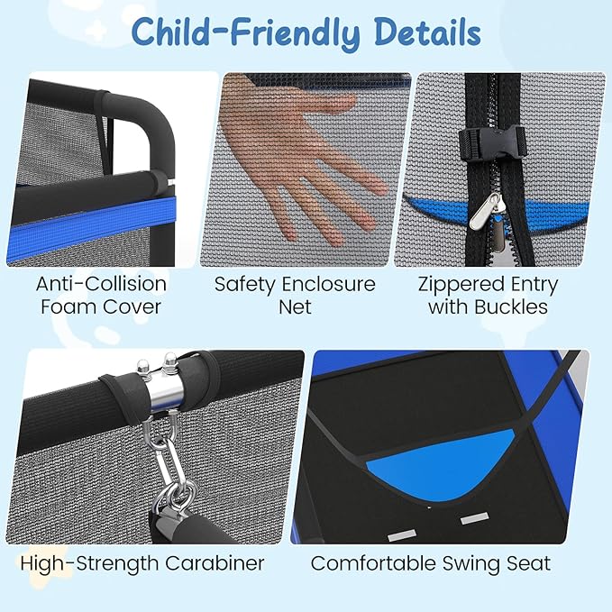 Goplus 6 x 4 FT Rectangle Kids Trampoline, Indoor Outdoor Recreational Trampoline with Swing, Gymnastics Bar & Safety Enclosure Net, ASTM Compliant Gift for Children Boys Girls