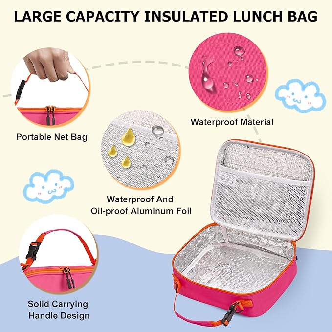 Bento Lunch Box for Kids with Thermos, Leakproof Bento Box with 8oz Insulated Food Jar, Insulated Bottle, Lunch Bag, BPA Free Dishwasher Safe 4 Compartment Container for School Girls Boys (Pink)