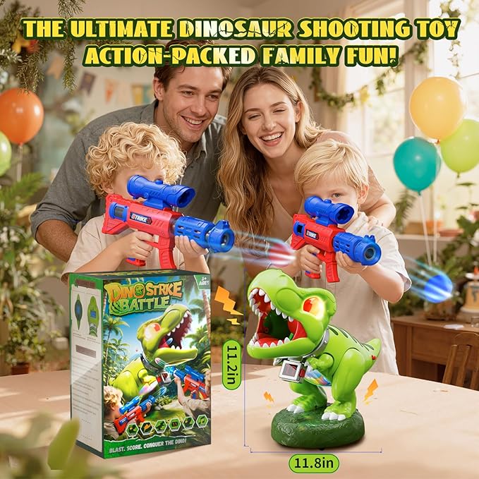 Realistic Dinosaur Moveable Shooting Toys, 2 Pack Launchers with Aiming, Roaring Dino Eyes & Belly Glow, LCD Score Record, Stocking Stuffers for Kids Toys Gifts for Boy Ages 3 4 5 6 7 8 9 10+ Year Old