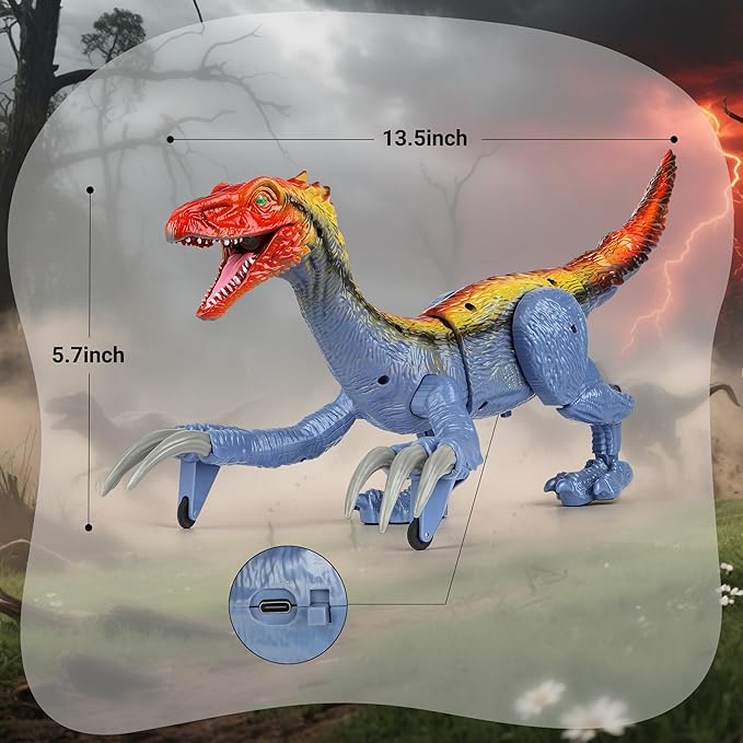 Remote Control Dinosaur Toys for Kids - Big Electronic RC Walking Realistic Dinosaur Toys with Spray & Light & Roar, Jurassic Velociraptor Toy Christmas Birthday Gift for Boys and Girls 3-12 (Blue)