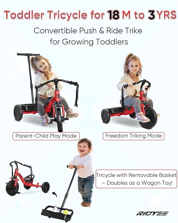2-in-1 Tricycle for Toddlers Ages 1.5–3, Trike with Extended Push Handle, Removable Wagon-Style Basket, Adjustable Handlebar with Tassels, and Fore-AFT Adjustable Seat, Red