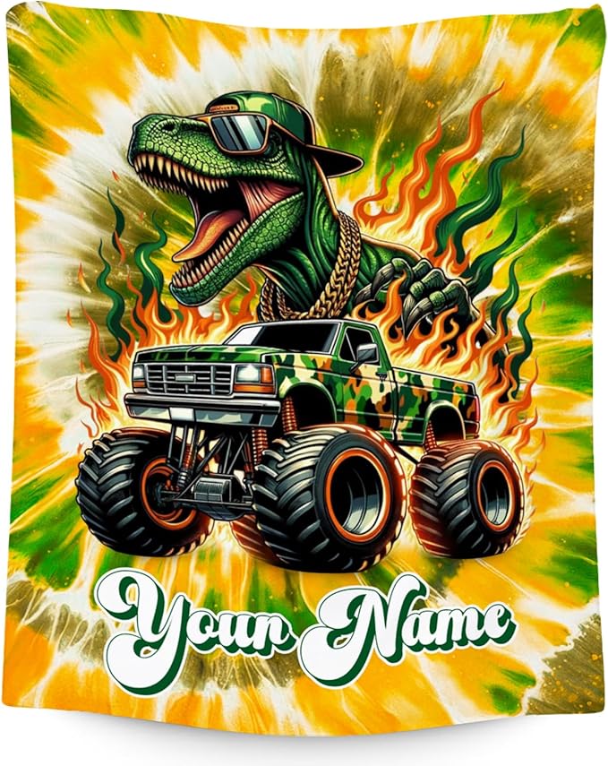 Boys Blanket, Personalized Dinosaur Blankets Gifts for Kids, Custom Tie Dye Throw for Dinosaur Lovers, Soft Fleece Truck Throw for Sofa (4 Sizes)