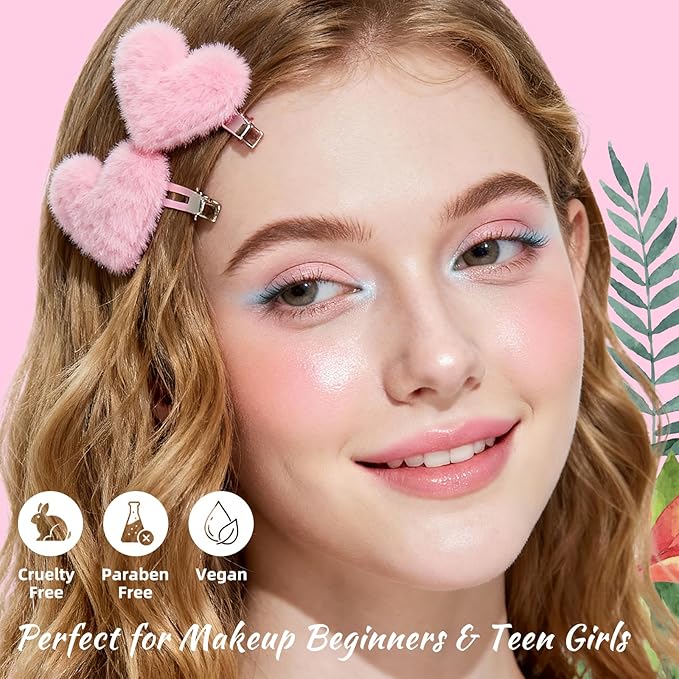 Color Nymph Girls Eye & Cheek Makeup Palette Kit - Eyeshadow & Blush & Highlighter Palette for Teens Girls Tweens, Beginner-Friendly, Gentle Makeup Kits for Starter, Makeup Gift for Christmas (Pink)