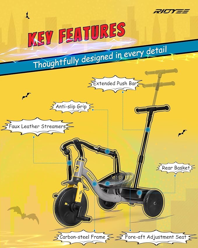 2-in-1 Tricycle for Toddlers Ages 1.5–3, Trike with Extended Push Handle, Removable Wagon-Style Basket, Adjustable Handlebar with Tassels, and Fore-AFT Adjustable Seat, Grey