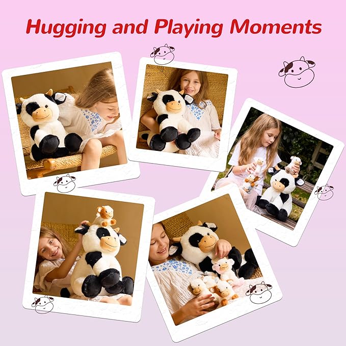 5 Pieces Cow Stuffed Animals for Boys Girls, 1 Mommy Cow with 4 Babies Soft Plush Toy Set Gifts for Kids Children 3 4 5 6 7 8 9 Years, Christmas, Birthday, Party Decorations