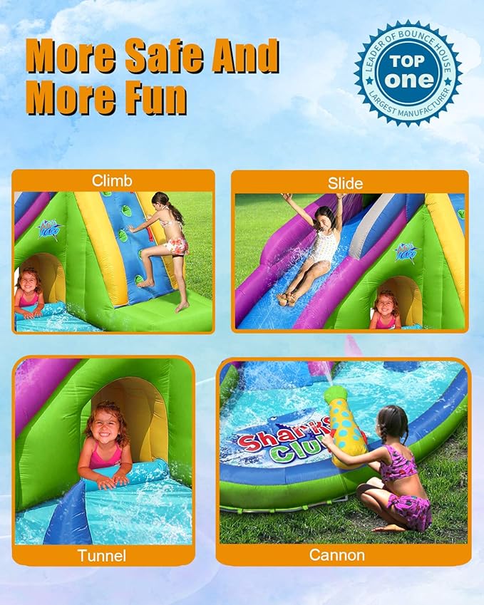 ACTION AIR Inflatable Waterslide-NO Blower Shark Bounce House for Kids, Wet and Dry Water Slide, 580W/0.8hp Air Blower Needed to Operate, Water Gun & Splash Pool Without Blower